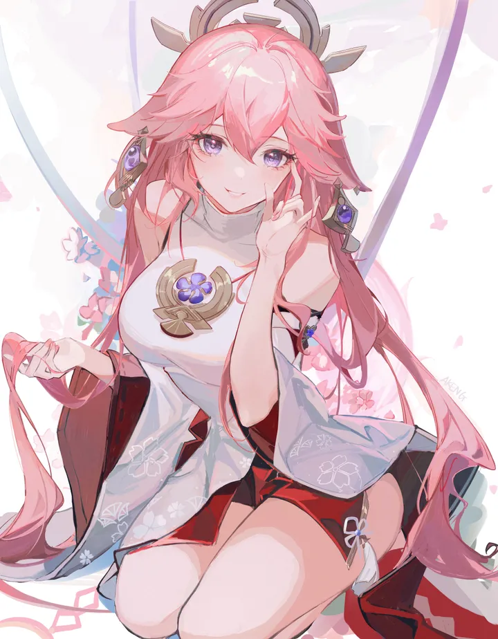 1girl,detached_sleeves,breasts,animal_ears,bangs,solo,sitting,thighs,hair_ornament,wide_sleeves,hair_between_eyes,very_long_hair,parted_lips,sleeveless,sleeveless_shirt,japanese_clothes,seiza,fox_shadow_puppet,fox_ears,jewelry,white_background,white_shirt,looking_at_viewer,vertical,smile,pink_hair,purple_eyes,red_skirt,earrings,blush,shirt,large_breasts,long_hair,bare_shoulders