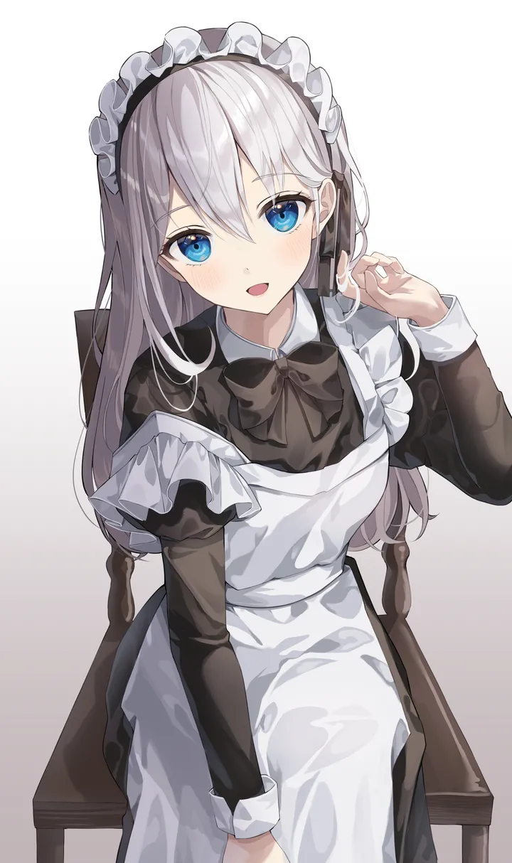 1girl,bangs,solo,apron,on_chair,sitting,maid,maid_apron,maid_headdress,hair_between_eyes,open_mouth,hand_up,collared_dress,juliet_sleeves,simple_background,chair,grey_hair,white_apron,white_background,looking_at_viewer,vertical,smile,blush,frills,frilled_apron,blue_eyes,puffy_sleeves,bow,dress,long_hair,long_sleeves,bowtie,black_bow,black_dress