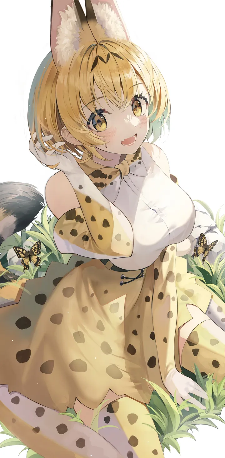 1girl,breasts,animal_ears,bangs,solo,print_gloves,print_skirt,print_bow,sitting,tail,print_bowtie,open_mouth,gloves,sleeveless,sleeveless_shirt,white_shirt,looking_at_viewer,short_hair,skirt,vertical,smile,animal_ear_fluff,blush,grass,serval_print,fang,bug,butterfly,bow,traditional_bowtie,shirt,extra_ears,thighhighs,blonde_hair,elbow_gloves,bare_shoulders,bowtie,high-waist_skirt,wariza,yellow_eyes