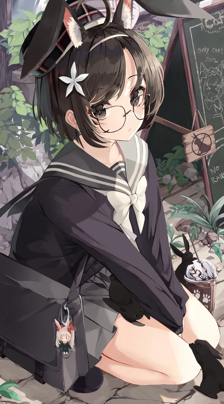 1girl,rabbit_ears,animal_ears,bangs,animal,bag,solo,shoulder_bag,hairband,leaf,drinking_straw,ahoge,closed_mouth,round_eyewear,hair_flower,hair_ornament,hat,outdoors,swept_bangs,cup,school_uniform,plaid,plant,serafuku,sailor_collar,grey_sailor_collar,grey_skirt,grey_bow,white_hairband,white_bow,pleated_skirt,looking_at_viewer,glasses,short_hair,skirt,vertical,animal_ear_fluff,bow,shirt,extra_ears,beret,squatting,long_sleeves,shoes,bowtie,disposable_cup,flower,black_bag,black_hair,black_sailor_collar,black_eyes,black-framed_eyewear,black_shirt,black_footwear