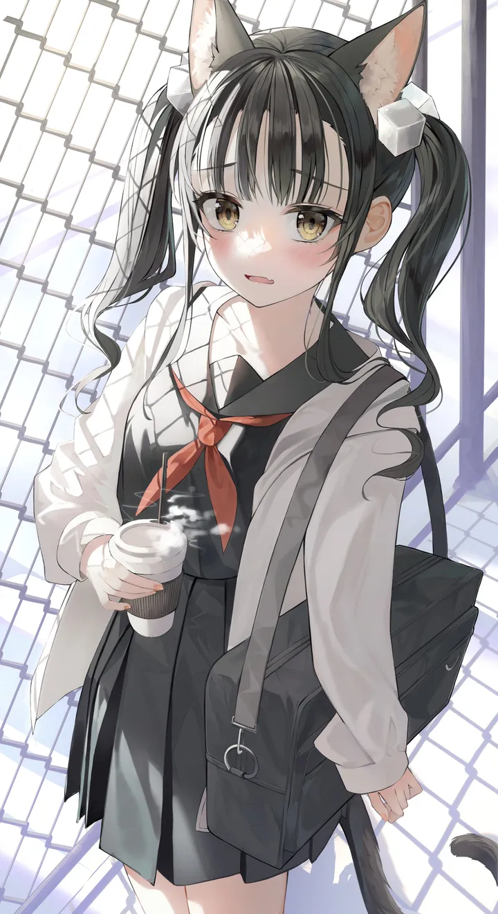 1girl,cowboy_shot,neckerchief,school_bag,animal_ears,bangs,bag,solo,twintails,hair_ornament,sidelocks,jacket,tail,parted_lips,outdoors,holding_cup,holding,cup,fence,school_uniform,brown_eyes,serafuku,sailor_collar,cat_girl,cat_tail,cat_ears,white_jacket,pleated_skirt,looking_at_viewer,skirt,vertical,standing,red_neckerchief,animal_ear_fluff,blush,fang,shirt,extra_ears,open_jacket,open_clothes,chain-link_fence,long_hair,long_sleeves,yellow_eyes,black_hair,black_serafuku,black_sailor_collar,black_skirt,black_shirt