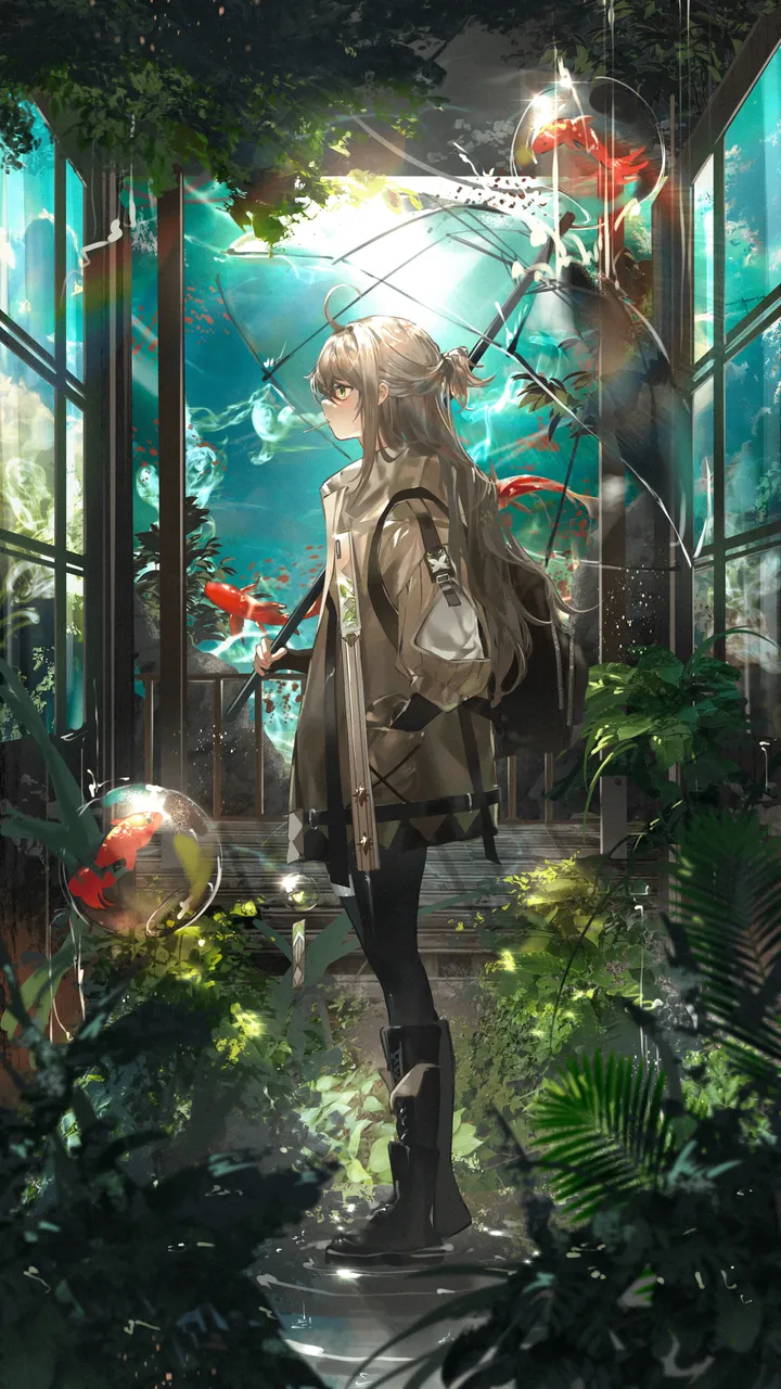 1girl,bangs,bag,solo,hands_in_pockets,backpack,smoking,ahoge,coat,jacket,hand_in_pocket,brown_coat,brown_hair,brown_jacket,brown_eyes,plant,aquarium,looking_away,vertical,standing,open_clothes,pantyhose,transparent,long_hair,long_sleeves,boots,umbrella,cigarette,fish,black_pantyhose,black_footwear