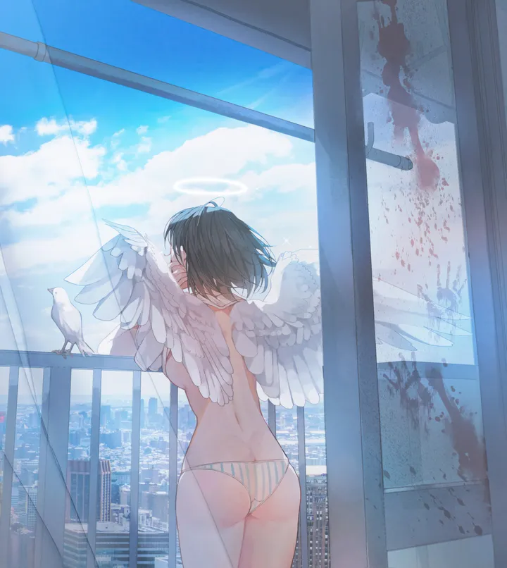 1girl,cowboy_shot,breasts,cloud,underwear_only,underwear,panties,animal,solo,back,cityscape,angel,halo,angel_wings,sky,ass,building,striped_panties,striped,railing,day,white_wings,short_hair,window,vertical,standing,feathered_wings,wings,from_behind,blue_sky,blood,topless,balcony,facing_away,bird,black_hair