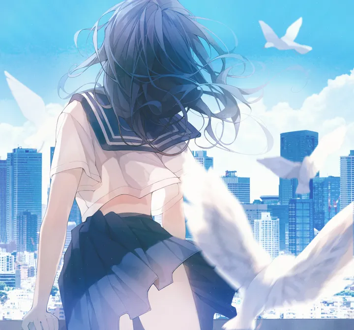 1girl,cowboy_shot,cloud,solo,city,cityscape,sky,building,outdoors,skyscraper,school_uniform,serafuku,sailor_collar,day,white_shirt,white_bird,dove,pleated_skirt,short_sleeves,skirt,vertical,from_behind,blue_sky,blue_skirt,shirt,long_hair,facing_away,wind,floating_hair,bird,black_hair