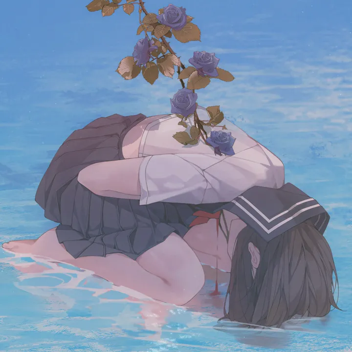 1girl,neckerchief,solo,school_uniform,brown_hair,plant,water,serafuku,sailor_collar,rose,white_shirt,pleated_skirt,short_sleeves,skirt,vertical,red_neckerchief,blue_rose,blue_skirt,blue_flower,shirt,barefoot,kneeling,partially_submerged,flower,black_hair,black_skirt