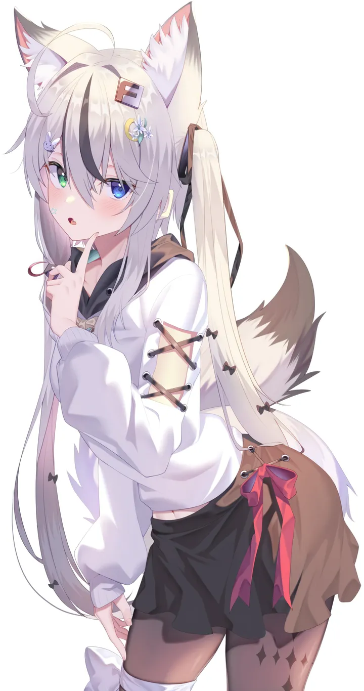 1girl,ribbon,hood,animal_ears,bangs,bandaid,solo,twintails,hairclip,ahoge,multicolored_hair,hair_ribbon,hair_ornament,tail,heterochromia,open_mouth,very_long_hair,streaked_hair,simple_background,hood_down,fox_girl,fox_tail,fox_ears,white_hair,white_background,looking_at_viewer,skirt,vertical,green_eyes,animal_ear_fluff,blue_eyes,puffy_sleeves,puffy_long_sleeves,fang,extra_ears,leaning_forward,hoodie,pantyhose,long_hair,long_sleeves,black_skirt