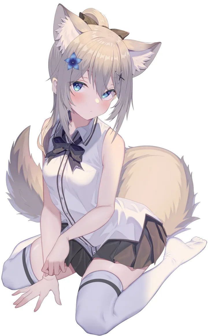 1girl,between_legs,breasts,animal_ears,solo,hairclip,closed_mouth,sitting,hair_flower,hair_ornament,tail,sleeveless,sleeveless_shirt,collared_shirt,simple_background,no_shoes,grey_hair,fox_girl,fox_tail,fox_ears,white_background,white_shirt,white_thighhighs,pleated_skirt,looking_at_viewer,skirt,vertical,zettai_ryouiki,animal_ear_fluff,blush,blue_eyes,blue_flower,bow,hair_bow,shirt,bare_arms,extra_ears,thighhighs,miniskirt,long_hair,bare_shoulders,bowtie,ponytail,flower,wariza,black_skirt,black_bow,black_bowtie