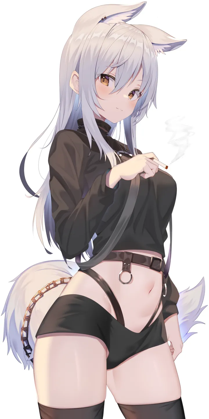 1girl,cowboy_shot,medium_breasts,breasts,animal_ears,solo,closed_mouth,thighs,sidelocks,micro_shorts,stomach,tail,hair_between_eyes,hand_up,holding,simple_background,brown_eyes,smoke,fox_girl,fox_tail,fox_ears,white_hair,white_background,belt,looking_at_viewer,shorts,vertical,standing,short_shorts,animal_ear_fluff,navel,shirt,extra_ears,thighhighs,chain,long_hair,long_sleeves,midriff,crop_top,cigarette,highleg,black_shorts,black_shirt,black_thighhighs