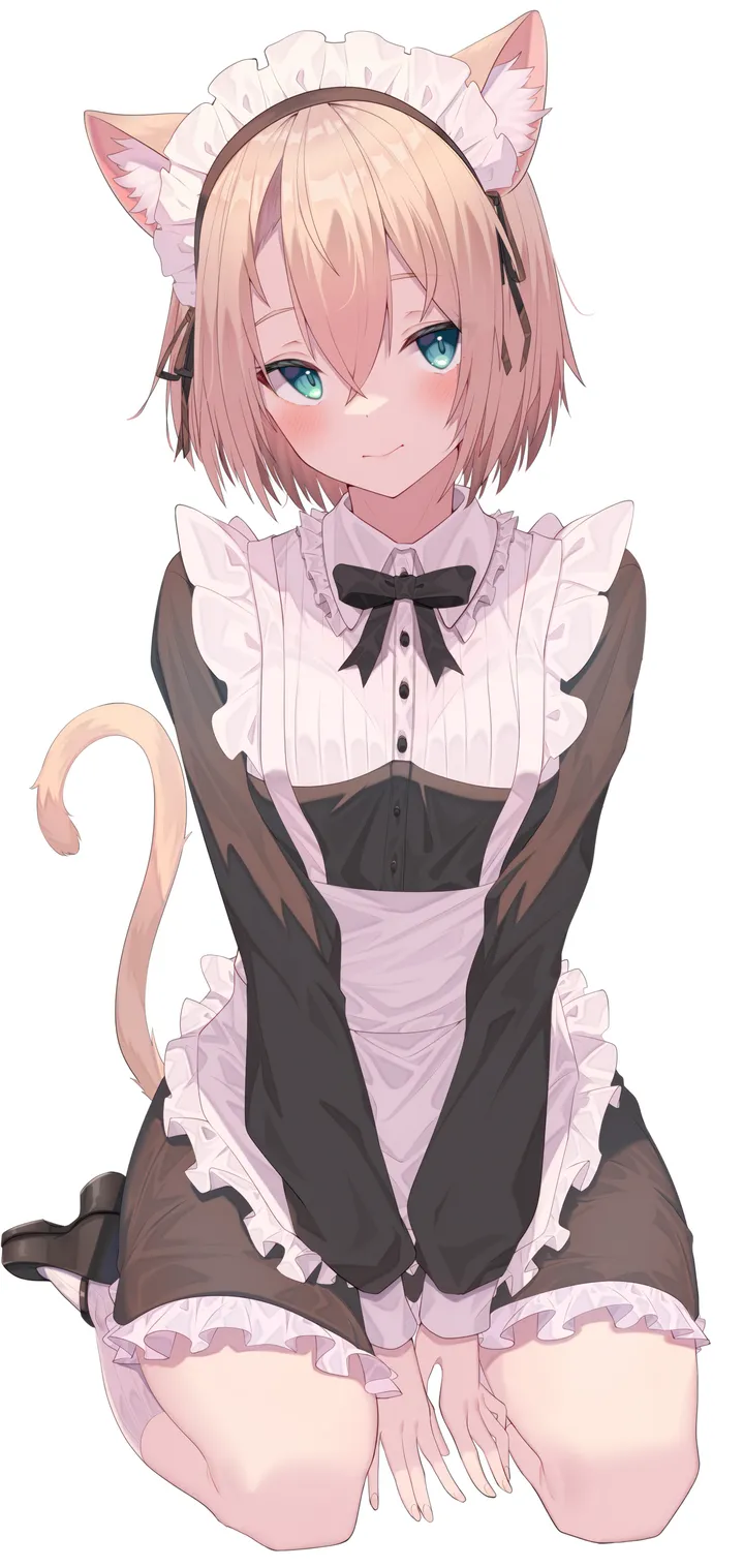 1girl,virtual_youtuber,ribbon,between_legs,full_body,animal_ears,bangs,solo,closed_mouth,apron,sitting,maid,maid_apron,maid_headdress,tail,hair_between_eyes,hand_between_legs,simple_background,aqua_eyes,cat_girl,cat_tail,cat_ears,white_apron,white_background,white_socks,looking_at_viewer,short_hair,vertical,smile,green_eyes,animal_ear_fluff,blush,frills,frilled_apron,frilled_dress,bow,socks,dress,blonde_hair,long_sleeves,shoes,bowtie,wariza,black_ribbon,black_bow,black_dress,black_footwear