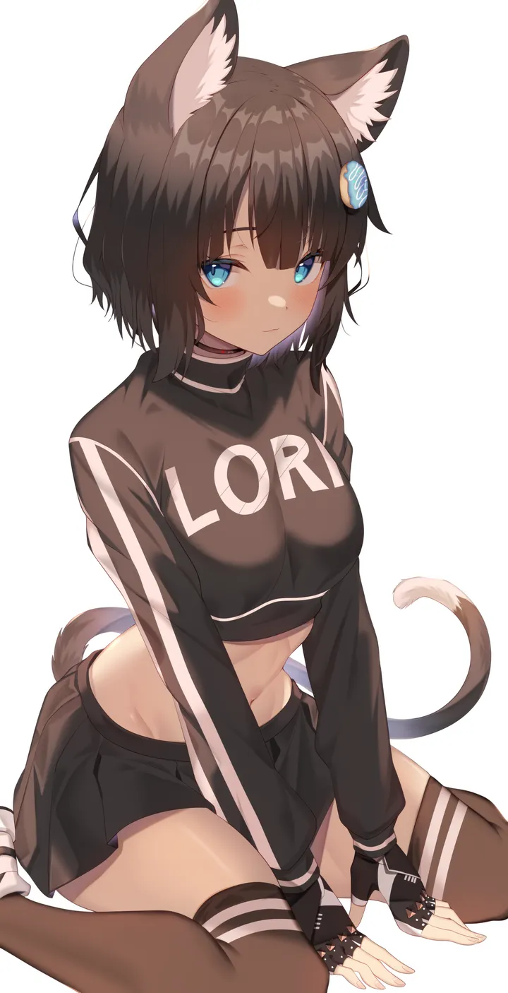 1girl,between_legs,medium_breasts,breasts,animal_ears,bangs,solo,clothes_writing,closed_mouth,sitting,thighs,hair_ornament,stomach,tail,gloves,hand_between_legs,fingerless_gloves,simple_background,brown_hair,brown_thighhighs,dark_skin,cat_girl,cat_tail,cat_ears,white_background,pleated_skirt,looking_at_viewer,short_hair,skirt,vertical,smile,zettai_ryouiki,animal_ear_fluff,groin,navel,blush,blue_eyes,shirt,thighhighs,miniskirt,long_sleeves,midriff,crop_top,shoes,choker,fish_hair_ornament,wariza,black_hair,black_gloves,black_skirt,black_shirt,black_thighhighs