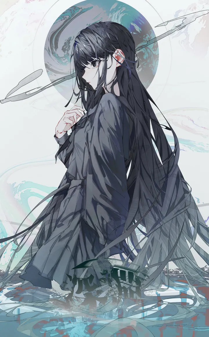 1girl,from_side,bangs,solo,very_long_hair,parted_lips,hand_up,school_uniform,water,serafuku,sailor_collar,wading,pleated_skirt,looking_at_viewer,skirt,vertical,standing,shirt,long_hair,long_sleeves,black_hair,black_serafuku,black_eyes,black_skirt,black_shirt