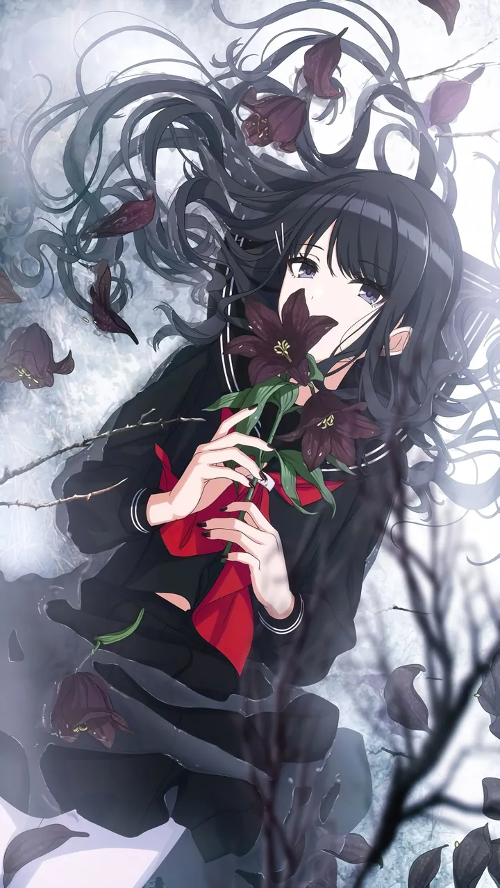 1girl,neckerchief,on_back,bangs,blurry_foreground,solo,leaf,holding,holding_flower,nail_polish,hair_spread_out,school_uniform,blurry,water,serafuku,sailor_collar,ripples,mole,pleated_skirt,looking_at_viewer,skirt,vertical,red_neckerchief,mole_under_mouth,covered_mouth,shirt,lying,pantyhose,partially_submerged,long_hair,long_sleeves,flower,black_hair,black_nails,black_serafuku,black_sailor_collar,black_eyes,black_skirt,black_flower,black_shirt