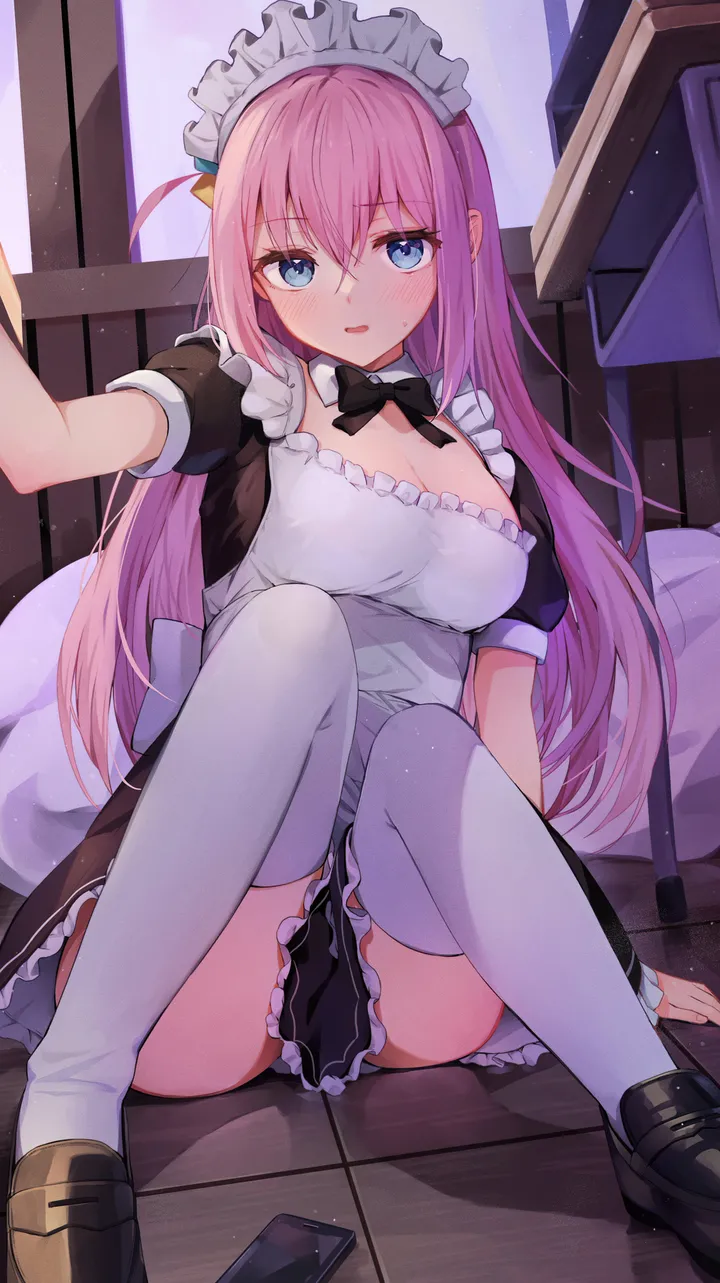 1girl,medium_breasts,loafers,breasts,cleavage,bangs,solo,one_side_up,apron,on_floor,sitting,thighs,hair_ornament,maid,maid_apron,maid_headdress,enmaided,indoors,hair_between_eyes,open_mouth,parted_lips,phone,white_apron,white_thighhighs,looking_at_viewer,short_sleeves,cellphone,alternate_costume,cube_hair_ornament,vertical,pink_hair,blush,frills,frilled_dress,blue_eyes,puffy_short_sleeves,puffy_sleeves,bow,large_breasts,thighhighs,dress,long_hair,shoes,bowtie,detached_collar,black_bow,black_dress,black_footwear,black_bowtie