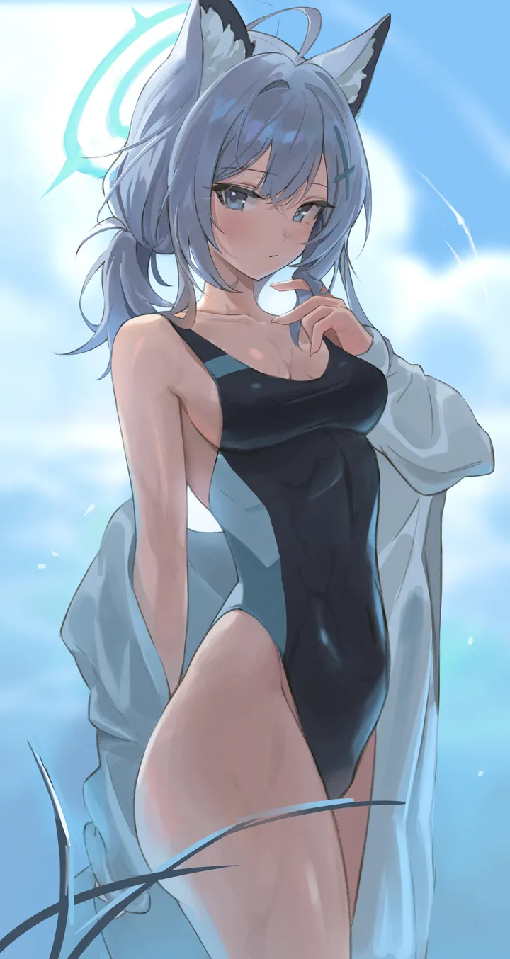 1girl,one-piece_swimsuit,cowboy_shot,mismatched_pupils,medium_breasts,medium_hair,breasts,cleavage,cloud,low_ponytail,animal_ears,bangs,cross_hair_ornament,solo,arm_behind_back,ahoge,thighs,halo,sky,hair_ornament,sidelocks,official_alternate_costume,parted_lips,outdoors,hand_up,blurry,blurry_background,swimsuit,grey_hair,wolf_ears,day,white_shirt,looking_at_viewer,vertical,standing,animal_ear_fluff,groin,blush,blue_sky,blue_eyes,shirt,wet,extra_ears,open_clothes,competition_swimsuit,collarbone,long_sleeves,covered_navel,bare_shoulders,off_shoulder,ponytail,highleg_swimsuit,highleg,black_one-piece_swimsuit