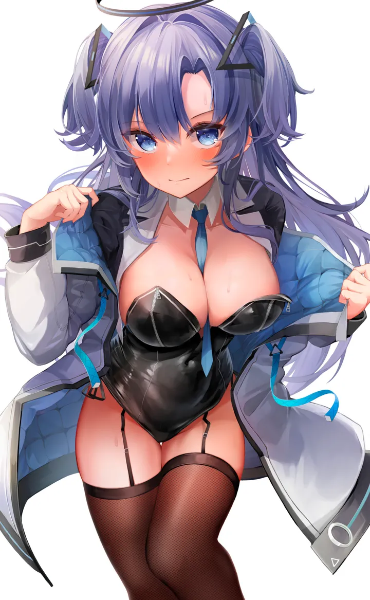 1girl,cowboy_shot,breasts,cleavage,side-tie_leotard,parted_bangs,playboy_bunny,bangs,solo,hands_up,garter_straps,closed_mouth,thighs,thigh_gap,halo,hair_ornament,sidelocks,jacket,between_breasts,two_side_up,hair_between_eyes,strapless,strapless_leotard,simple_background,brown_thighhighs,sweat,fishnets,white_jacket,white_background,looking_at_viewer,alternate_costume,vertical,standing,leotard,purple_hair,blush,blue_hair,blue_eyes,blue_necktie,open_jacket,open_clothes,large_breasts,thighhighs,long_hair,long_sleeves,covered_navel,off_shoulder,necktie,necktie_between_breasts,detached_collar,highleg,highleg_leotard,fishnet_thighhighs,black_thighhighs,black_leotard