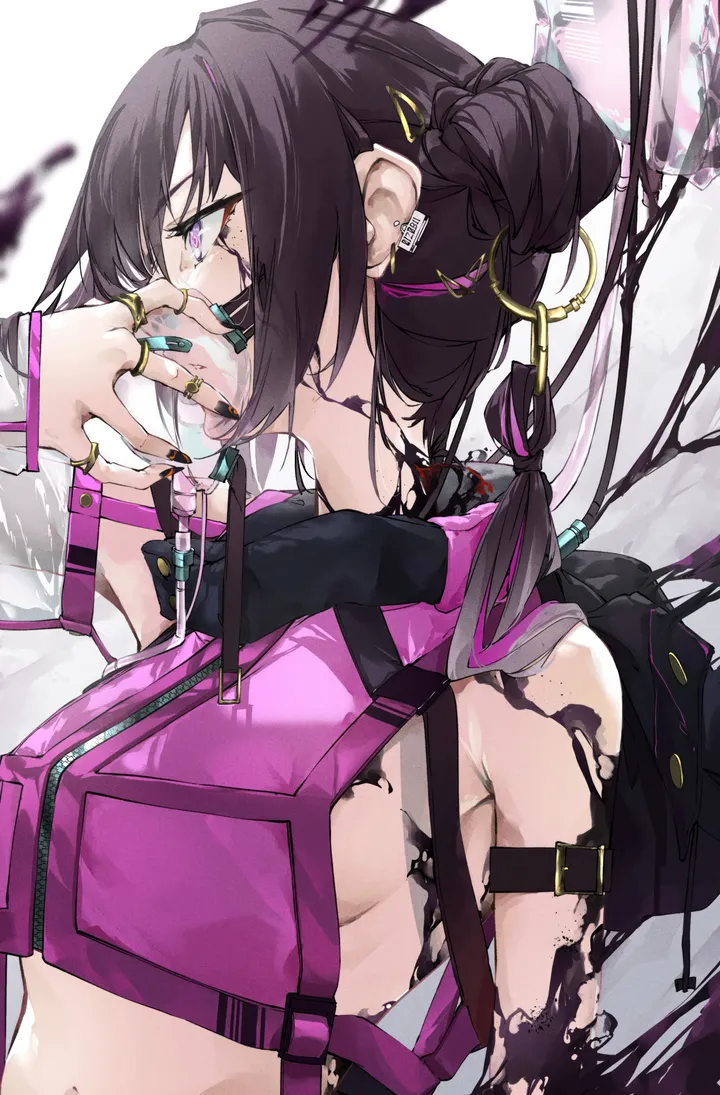 1girl,medium_breasts,breasts,upper_body,sideboob,from_side,profile,bangs,see-through,solo,hairclip,mouth_mask,hair_bun,hair_ornament,ring,hand_up,nail_polish,sleeveless,jewelry,white_background,looking_away,vertical,purple_eyes,earrings,navel,long_hair,long_sleeves,midriff,bare_shoulders,crop_top,mask,black_hair