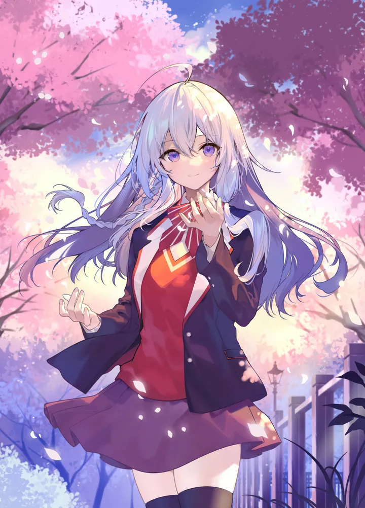 1girl,cowboy_shot,braid,bangs,solo,single_braid,ahoge,closed_mouth,sky,jacket,hair_between_eyes,outdoors,hand_up,collared_shirt,tree,school_uniform,cherry_blossoms,day,white_hair,white_shirt,pleated_skirt,looking_at_viewer,skirt,vertical,standing,smile,purple_eyes,red_skirt,red_shirt,zettai_ryouiki,petals,shirt,blazer,open_jacket,open_clothes,thighhighs,miniskirt,long_hair,long_sleeves,bowtie,neck_ribbon,floating_hair,black_jacket,black_thighhighs