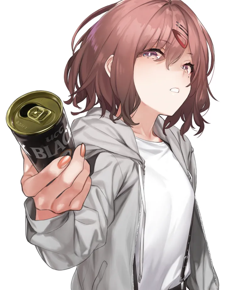 1girl,upper_body,hood,bangs,solo,hairclip,hair_ornament,jacket,parted_lips,holding_can,holding,nail_polish,can,simple_background,brown_hair,mole_under_eye,grey_jacket,mole,white_background,white_shirt,looking_at_viewer,short_hair,vertical,purple_eyes,drawstring,shirt,open_jacket,open_clothes,hooded_jacket,long_sleeves