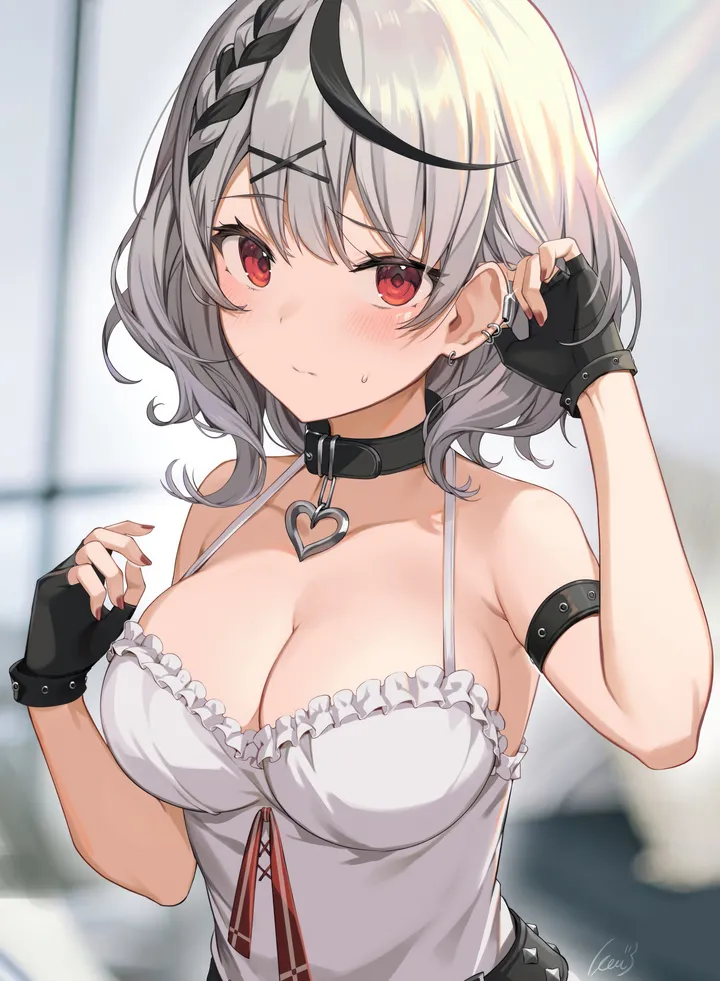 1girl,virtual_youtuber,x_hair_ornament,braid,medium_hair,breasts,cleavage,upper_body,bangs,solo,closed_mouth,multicolored_hair,hair_ornament,camisole,gloves,arm_strap,nail_polish,streaked_hair,fingerless_gloves,blurry,blurry_background,sweatdrop,grey_hair,jewelry,white_camisole,white_shirt,belt,looking_at_viewer,short_hair,piercing,ear_piercing,vertical,red_nails,red_eyes,earrings,blush,shirt,large_breasts,collarbone,bare_shoulders,collar,black_hair,black_gloves,black_collar