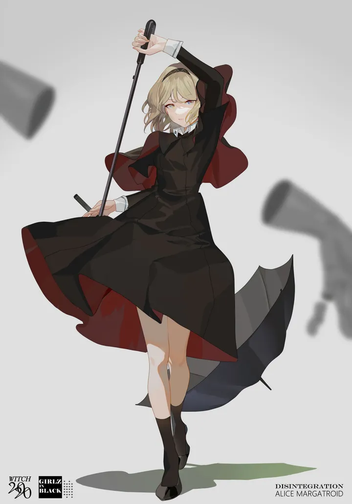 1girl,arm_up,full_body,bangs,solo,hairband,closed_mouth,capelet,holding_weapon,holding,simple_background,blurry,weapon,white_background,looking_at_viewer,short_hair,vertical,standing,blue_eyes,socks,dress,blonde_hair,long_sleeves,umbrella,shoes,black_socks,black_dress,black_footwear