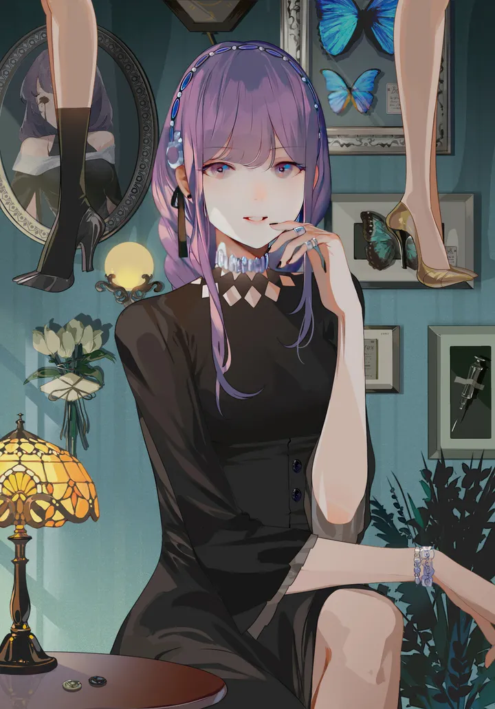 1girl,braid,breasts,bangs,solo,hairband,sitting,indoors,parted_lips,ring,bracelet,hand_up,nail_polish,plant,lamp,jewelry,picture_frame,looking_at_viewer,vertical,smile,purple_hair,purple_eyes,blue_eyes,blue_butterfly,bug,butterfly,dress,long_hair,long_sleeves,high_heels,flower,black_dress