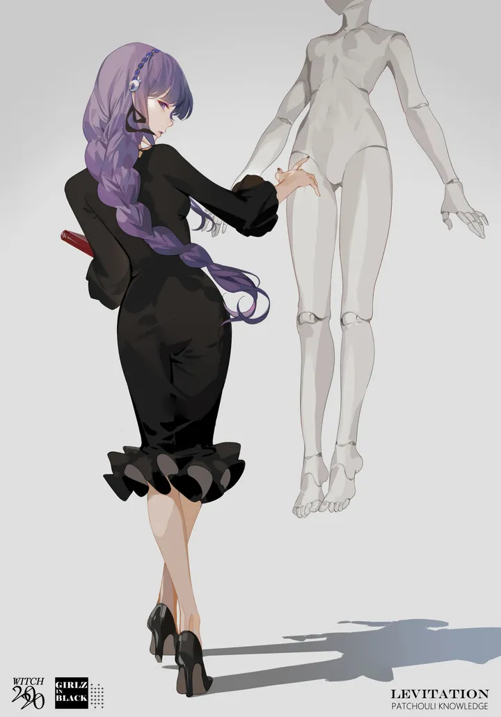 1girl,braid,doll_joints,full_body,joints,bangs,single_braid,hairband,looking_back,ass,very_long_hair,holding,simple_background,white_background,looking_at_viewer,vertical,standing,purple_hair,purple_eyes,from_behind,dress,long_hair,long_sleeves,high_heels,braided_ponytail,black_dress,black_footwear