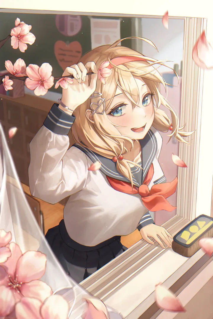 1girl,virtual_youtuber,neckerchief,medium_hair,arm_up,desk,breasts,bangs,solo,twintails,hairband,ahoge,hair_ornament,indoors,hair_between_eyes,open_mouth,heart,heart_hair_ornament,holding,classroom,school_uniform,cherry_blossoms,serafuku,sailor_collar,teeth,white_shirt,pleated_skirt,looking_at_viewer,skirt,window,curtains,vertical,smile,red_neckerchief,red_hairband,blush,petals,blue_sailor_collar,blue_eyes,blue_skirt,fang,shirt,blonde_hair,long_hair,long_sleeves,flower,black_sailor_collar,black_skirt