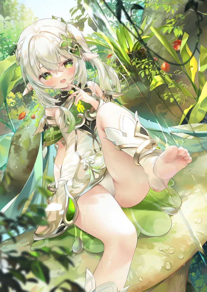 1girl,foot_out_of_frame,detached_sleeves,side_ponytail,underwear,panties,bangs,cross-shaped_pupils,solo,leg_up,knee_up,legs,leaf,leaf_hair_ornament,sitting,multicolored_hair,thighs,nature,hair_ornament,sidelocks,pointy_ears,hair_between_eyes,open_mouth,outdoors,bracelet,sleeveless,sleeveless_dress,toeless_legwear,tree,forest,plant,blurry,water,no_shoes,gradient_hair,jewelry,day,white_panties,white_hair,white_socks,white_dress,looking_at_viewer,vertical,smile,symbol-shaped_pupils,green_hair,green_eyes,feet,soles,toes,blush,mushroom,socks,cameltoe,wet,stirrup_legwear,short_dress,dress,long_hair,bare_shoulders