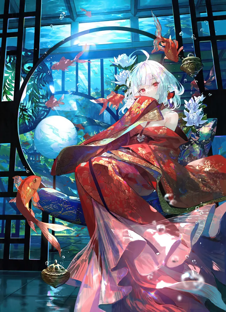 1girl,breasts,cleavage,bangs,animal,solo,print_kimono,ahoge,kimono,sitting,hair_ornament,indoors,wide_sleeves,hand_up,japanese_clothes,air_bubble,water,underwater,bubble,white_hair,white_flower,blunt_bangs,looking_at_viewer,short_hair,vertical,red_kimono,red_eyes,floral_print,sleeves_past_fingers,sleeves_past_wrists,covering_mouth,goldfish,koi,long_sleeves,bare_shoulders,off_shoulder,fish,flower