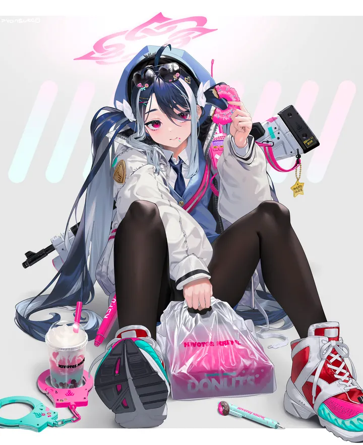 1girl,bangs,bag,solo,twintails,ahoge,sitting,sunglasses,multicolored_hair,halo,hair_ornament,jacket,walkie-talkie,hat,very_long_hair,handcuffs,holding,collared_shirt,simple_background,cup,gun,weapon,doughnut,white_hair,white_jacket,white_background,white_shirt,looking_at_viewer,eyewear_on_head,vertical,candy,vest,blue_hair,blue_necktie,blue_vest,shirt,sneakers,pantyhose,cuffs,long_hair,long_sleeves,shoes,necktie,food,disposable_cup,black_hair,black_pantyhose