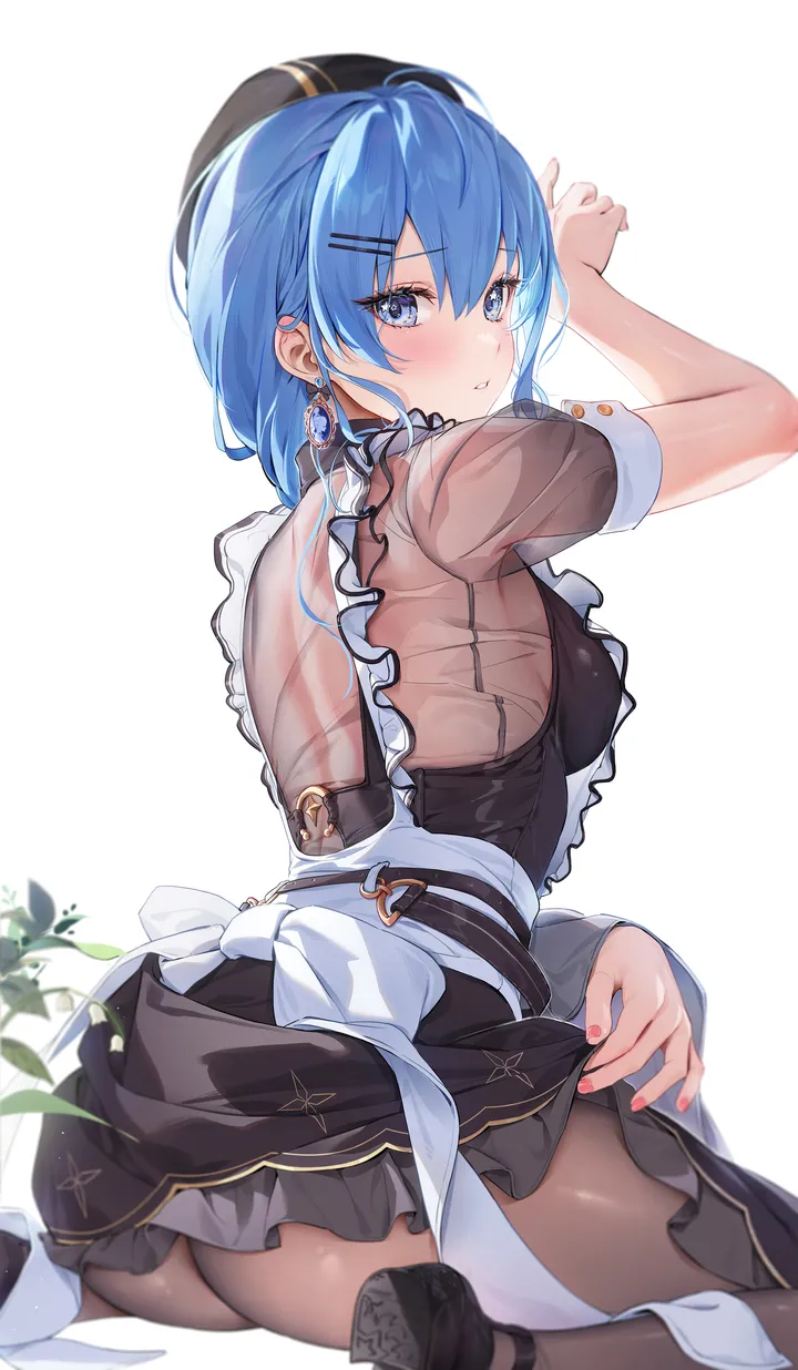 1girl,virtual_youtuber,medium_breasts,medium_hair,breasts,bangs,see-through,see-through_sleeves,solo,hairclip,back,looking_back,apron,sitting,hair_ornament,maid,maid_apron,ass,hat,hair_between_eyes,parted_lips,nail_polish,clothes_lift,star_symbol,simple_background,plant,jewelry,white_apron,white_background,looking_at_viewer,symbol_in_eye,short_sleeves,piercing,ear_piercing,vertical,earrings,from_behind,blush,frills,frilled_dress,blue_hair,blue_eyes,beret,dress,pantyhose,shoes,wariza,black_headwear,black_dress,black_footwear