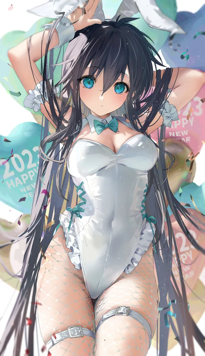 1girl,cowboy_shot,arms_up,breasts,cleavage,playboy_bunny,rabbit_ears,animal_ears,bangs,fake_animal_ears,solo,thighs,thigh_strap,confetti,hair_between_eyes,very_long_hair,strapless,strapless_leotard,balloon,aqua_bow,fishnets,genderswap_mtf,white_leotard,looking_at_viewer,vertical,wrist_cuffs,leotard,frills,blue_eyes,bow,large_breasts,pantyhose,long_hair,covered_navel,bowtie,detached_collar,highleg,highleg_leotard,fishnet_pantyhose,black_hair