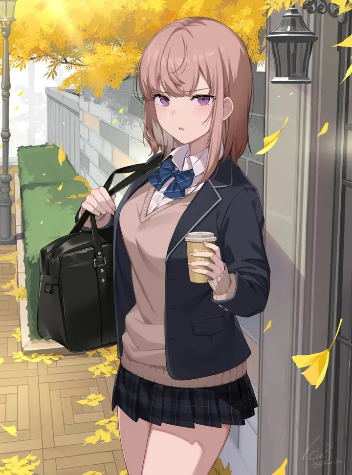 1girl,cowboy_shot,medium_hair,school_bag,breasts,bangs,bag,solo,leaf,jacket,parted_lips,outdoors,holding_cup,holding,collared_shirt,cup,tree,school_uniform,plaid,plaid_skirt,brown_hair,sweater,white_shirt,pleated_skirt,looking_at_viewer,skirt,autumn_leaves,vertical,purple_eyes,blush,falling_leaves,blue_bow,blue_bowtie,bow,shirt,blazer,open_jacket,open_clothes,lamppost,miniskirt,long_sleeves,bowtie,disposable_cup,black_jacket,black_skirt