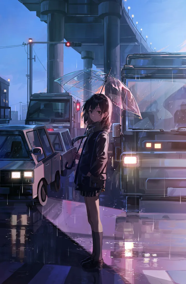 1girl,loafers,bangs,bag,solo,kneehighs,reflection,closed_mouth,scarf,ground_vehicle,night,sky,jacket,building,outdoors,holding,holding_umbrella,motor_vehicle,school_uniform,car,pleated_skirt,looking_at_viewer,short_hair,skirt,vertical,standing,socks,road,transparent,transparent_umbrella,long_sleeves,rain,umbrella,shoes,scenery,black_hair,black_jacket,black_eyes,black_skirt,black_socks,black_footwear