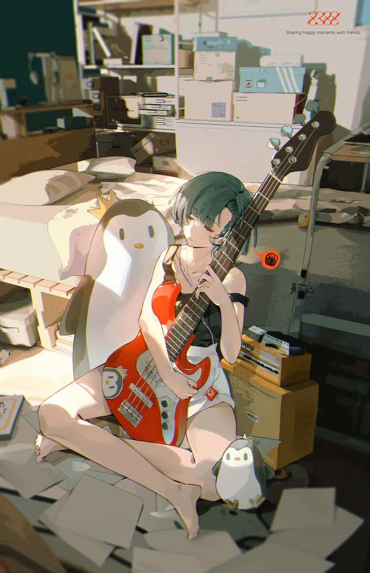 1girl,instrument,full_body,bangs,solo,closed_eyes,guitar,closed_mouth,sitting,indoors,holding_instrument,holding,stuffed_penguin,stuffed_animal,stuffed_toy,playing_instrument,electric_guitar,short_hair,shorts,vertical,box,paper,cardboard_box,green_hair,strap_slip,bare_legs,barefoot,music,bird