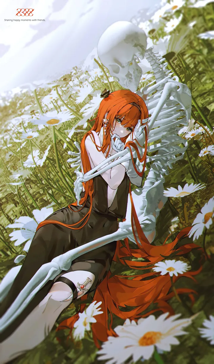 1girl,breasts,bangs,solo,feet_out_of_frame,hairband,closed_mouth,sitting,thigh_strap,hair_between_eyes,very_long_hair,outdoors,gloves,orange_hair,jewelry,field,white_gloves,white_flower,looking_at_viewer,vertical,red_hair,dress,long_hair,covered_navel,bare_shoulders,bone,skeleton,flower,black_hairband,black_dress