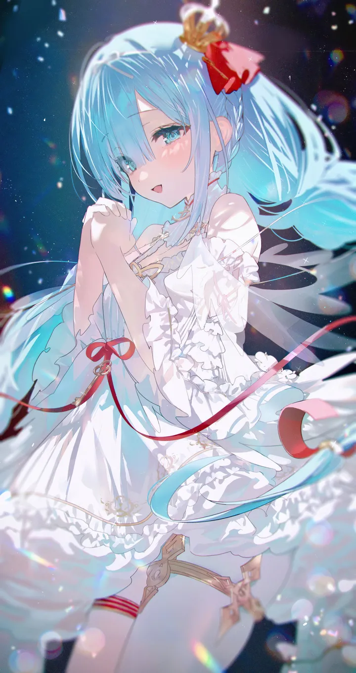 1girl,cowboy_shot,braid,detached_sleeves,ribbon,bangs,solo,hands_up,own_hands_clasped,own_hands_together,thigh_strap,hair_ribbon,hair_ornament,hair_between_eyes,open_mouth,very_long_hair,white_dress,crown,looking_at_viewer,vertical,smile,red_ribbon,wings,blush,frills,frilled_dress,blue_hair,blue_eyes,dress,mini_crown,long_hair,bare_shoulders