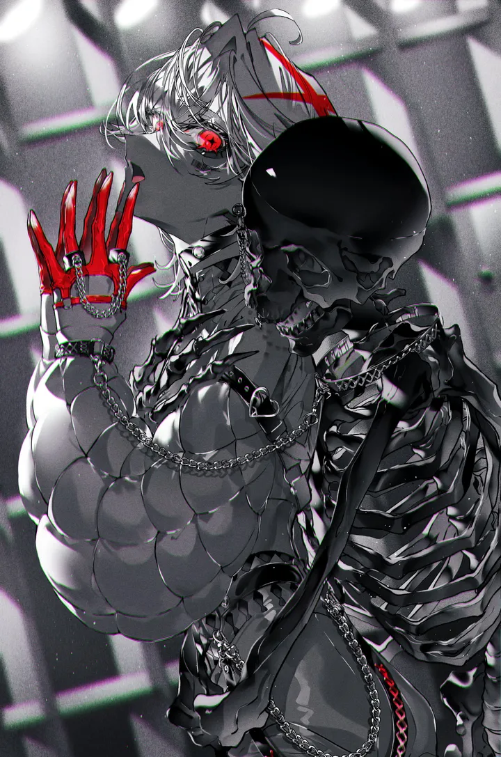 1girl,solo,monochrome,multiple_rings,spot_color,open_mouth,ring,gloves,holding,blurry,jewelry,looking_at_viewer,short_hair,vertical,red_eyes,earrings,tongue,chain,skeleton