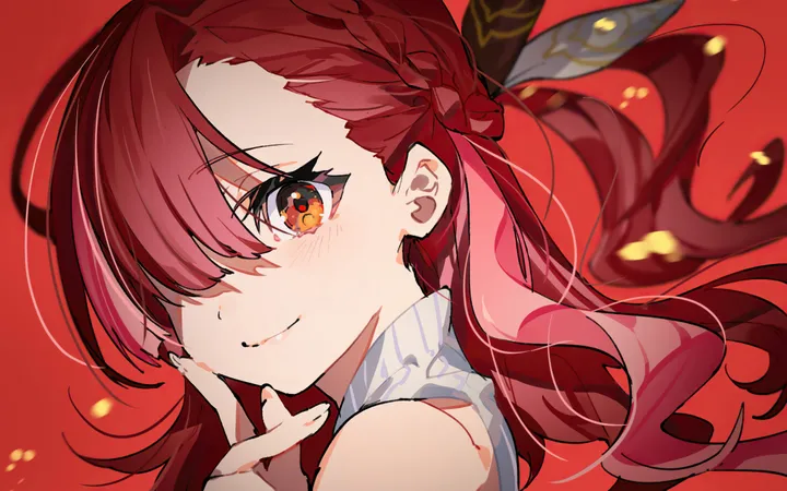 1girl,virtual_youtuber,braid,asymmetrical_bangs,from_side,bangs,solo,closed_mouth,portrait,hair_over_one_eye,sleeveless,simple_background,horizontal,looking_at_viewer,smile,red_hair,red_eyes,red_background,blush,long_hair,bare_shoulders