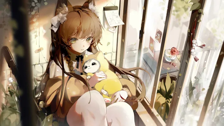 1girl,braid,animal_ears,bangs,solo,closed_mouth,sitting,jacket,indoors,tail,holding,brown_hair,brown_jacket,brown_eyes,plant,horizontal,stuffed_toy,cat,cat_girl,cat_ears,window,smile,animal_ear_fluff,bow,hair_bow,shirt,long_hair,long_sleeves,off_shoulder,flower,yellow_eyes