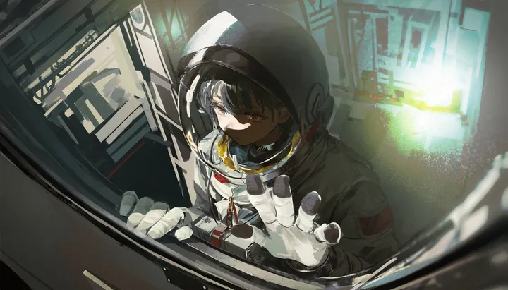 1girl,upper_body,bangs,solo,reflection,space_helmet,helmet,astronaut,spacesuit,gloves,brown_eyes,horizontal,white_gloves,short_hair,black_hair