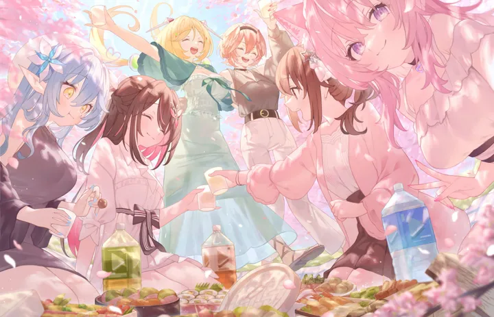 6-girls,virtual_youtuber,braid,ribbon,medium_breasts,medium_hair,breasts,facing_another,side_ponytail,animal_ears,bangs,blurry_foreground,closed_eyes,twintails,ahoge,closed_mouth,hair_bun,sitting,multiple_girls,multicolored_hair,hair_flower,hair_ribbon,hair_ornament,jacket,pointy_ears,capelet,hat,hair_between_eyes,open_cardigan,cardigan,open_mouth,heart_ahoge,outdoors,holding,nail_polish,streaked_hair,detached_hair,sleeveless,cup,tree,brown_hair,brown_skirt,horizontal,cherry_blossoms,sweater,light_blue_hair,shrimp_tempura,wolf_ears,bottle,day,white_headwear,white_flower,white_shirt,white_pants,white_dress,pleated_skirt,belt,looking_at_another,short_hair,short_sleeves,skirt,smile,pink_hair,elf,purple_eyes,green_capelet,green_skirt,animal_ear_fluff,blush,petals,blue_ribbon,blue_hair,blue_nails,blue_skirt,blue_dress,shirt,shirt_tucked_in,pants,open_jacket,open_clothes,hanami,large_breasts,dress,blonde_hair,long_hair,long_sleeves,bare_shoulders,off_shoulder,choker,food,ponytail,high-waist_skirt,flower,bird,wariza,yellow_eyes,black_skirt,black_belt,black_shirt,black_choker