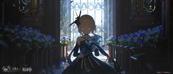 1girl,detached_sleeves,breasts,artist_name,bangs,solo,glowing,chandelier,hair_flower,hair_ornament,indoors,short_hair_with_long_locks,gloves,holding,horizontal,orange_eyes,rose,looking_at_viewer,short_hair,window,smile,bouquet,petals,blue_rose,blue_flower,dress,blonde_hair,bare_shoulders,flower,yellow_eyes,black_dress