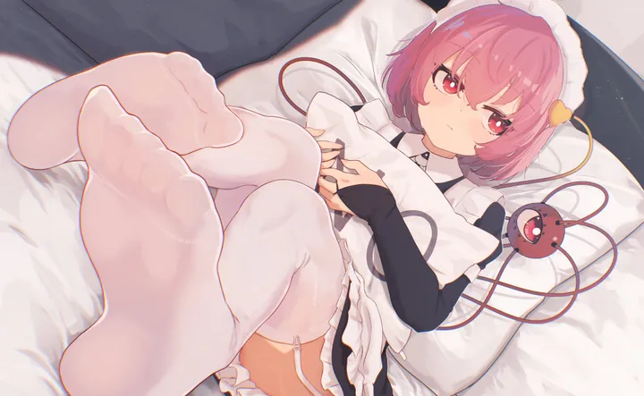 1girl,on_back,bangs,solo,garter_straps,closed_mouth,apron,on_bed,hair_ornament,maid,maid_headdress,enmaided,pillow_hug,hair_between_eyes,heart,holding_pillow,object_hug,holding,bright_pupils,pillow,horizontal,foreshortening,no_shoes,foot_focus,white_thighhighs,looking_at_viewer,short_hair,alternate_costume,third_eye,pink_hair,pink_eyes,red_eyes,feet,soles,toes,blush,chromatic_aberration,frills,lying,thighhighs,dress,long_sleeves,black_dress