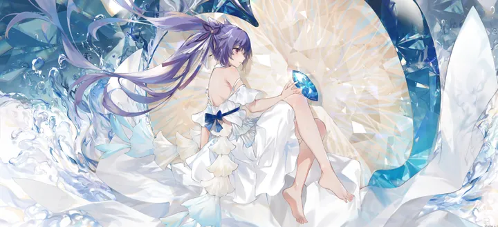 1girl,double_bun,full_body,bangs,solo,twintails,hair_bun,sitting,hair_ornament,very_long_hair,holding,horizontal,water,cone_hair_bun,white_dress,looking_at_viewer,purple_hair,purple_eyes,feet,bare_legs,barefoot,dress,long_hair,bare_shoulders