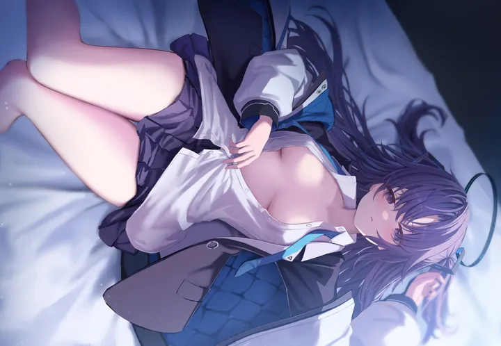 1girl,medium_breasts,breasts,on_back,parted_bangs,underwear,panties,bangs,solo,breasts_apart,on_bed,thighs,halo,sidelocks,jacket,two_side_up,bed_sheet,parted_lips,collared_shirt,horizontal,no_bra,white_panties,white_shirt,pleated_skirt,looking_at_viewer,skirt,purple_hair,purple_eyes,blush,blue_necktie,shirt,bare_legs,open_jacket,open_clothes,open_shirt,partially_unbuttoned,lying,miniskirt,long_hair,long_sleeves,necktie,black_skirt