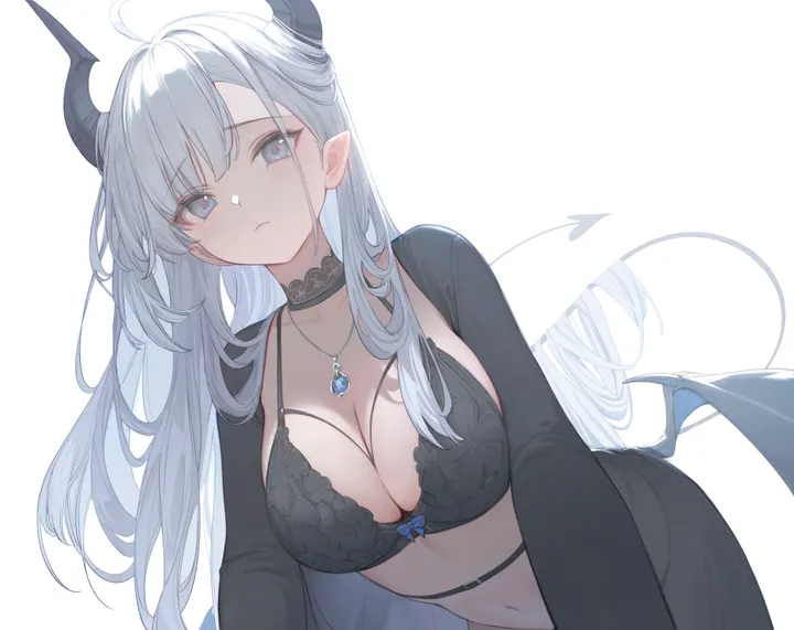 1girl,breasts,cleavage,underwear,bangs,solo,pendant,ahoge,closed_mouth,hair_on_horn,pointy_ears,stomach,tail,very_long_hair,demon_girl,demon_tail,demon_wings,demon_horns,simple_background,horizontal,jewelry,white_hair,white_background,frown,looking_at_viewer,skirt,symbol-shaped_pupils,wings,navel,bra,blush,low_wings,blue_gemstone,blue_eyes,horns,large_breasts,long_hair,long_sleeves,choker,necklace,black_skirt,black_bra,black_choker