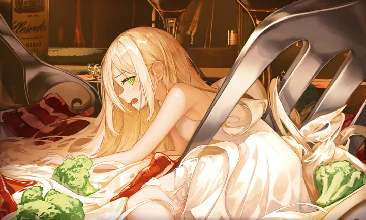 1girl,breasts,profile,bangs,solo,knife,open_mouth,very_long_hair,pasta,sleeveless,sleeveless_dress,horizontal,white_dress,plate,looking_at_viewer,green_eyes,meat,in_food,dress,minigirl,blonde_hair,long_hair,bare_shoulders,food,fork