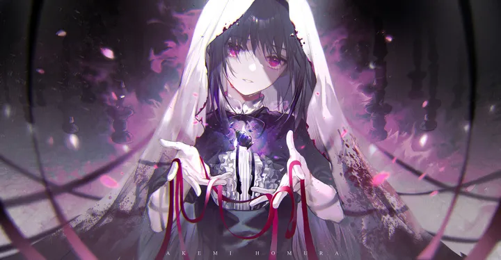 1girl,ribbon,upper_body,bangs,solo,hands_up,parted_lips,holding_ribbon,holding,horizontal,looking_at_viewer,purple_eyes,red_ribbon,dress,long_hair,veil,neck_ribbon,black_hair,black_dress