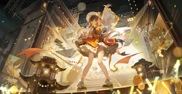 1girl,detached_sleeves,east_asian_architecture,arm_up,full_body,bangs,solo,night,night_sky,sky,official_alternate_costume,wide_sleeves,architecture,open_mouth,moon,brown_hair,brown_eyes,horizontal,full_moon,lantern,fireworks,looking_at_viewer,standing,smile,stage,frills,socks,dress,long_hair,long_sleeves,black_footwear